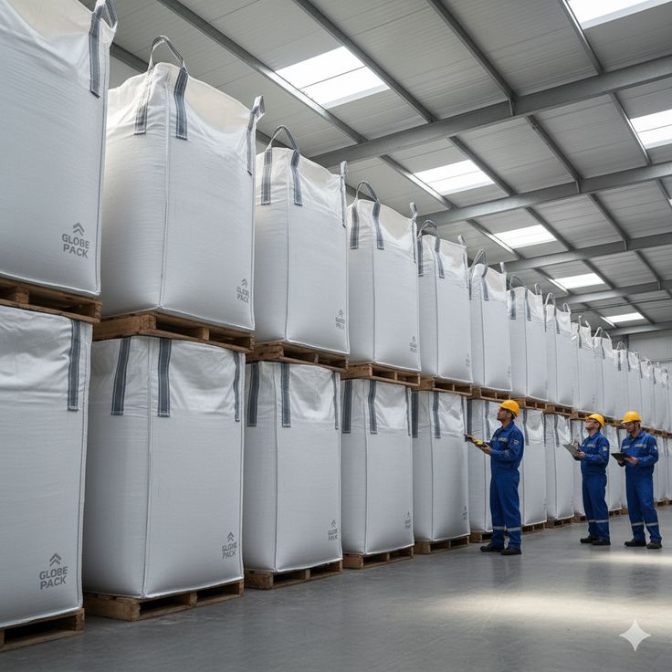 Large industrial FIBC bulk bags in a warehouse