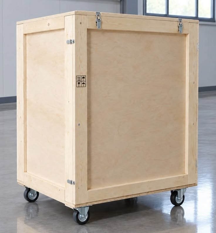 Custom plywood transport crate with caster wheels