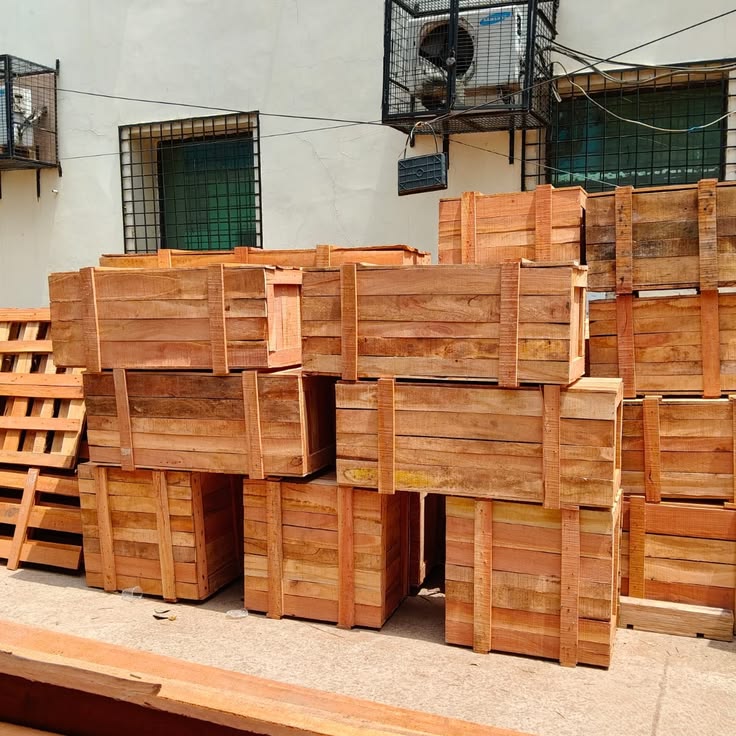 Wooden industrial crates stacked for storage